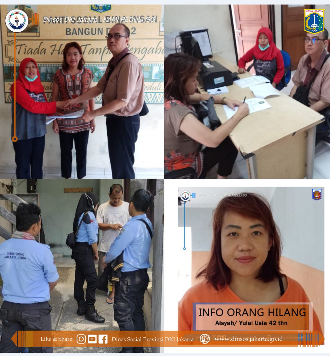 DinsosDKI1's tweet photo. #KawanSosial, Bersinergi dgn Sudin Sosial Jakut (P3S) Org Terlantar Bernama Aisyah/Yulia, Alamat di Kel. Sunter agung Kec.Tanjung Priuk akhirnya sdh berkumpul dgn keluarganya. #Minsos berterimakasih kpd Rekan yg sdh membantu mengabarkan  keluarganya.

#InfoSosial #KamiPeduliGo https://t.co/6yMxrCBAkI