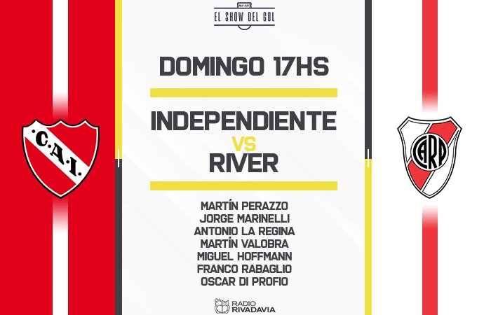 futbolshow870's tweet photo. #OralDeMultitudes
¡Domingo de fútbol con #MísticaRadial en @Rivadavia630!
Desde las 17hs transmitiremos #Independiente vs #River desde el Libertadores de América ⚽️
Relata @perazzomartin | Comenta @jorgemarinelli y @laregina02 🎤
Vestuarios @martinvalobra y @MigueHoffmann 🎧 https://t.co/rozO0PKZyM