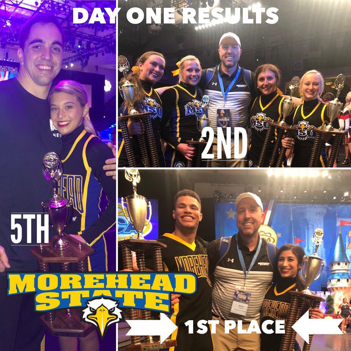 MSUEagles's tweet photo. Awesome first day for @MSUeaglescheer at #UCANationals with 1️⃣st, 2️⃣nd and 5️⃣th place 🏆🏆🏆. 

Congrats Raven, Keyshawn, Madyson, Abbi, Taylor, Nicole, Wendy and Jonathan!

All Girl and Coed take the mat today to continue the #DoanDynasty. https://t.co/iE0tJ4fTNU