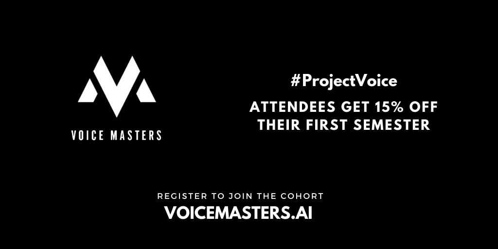 Black background, white writing, saying #ProjectVoice Attendees get 15% off their first semester. Register to join the cohort Voicemaster.ai.