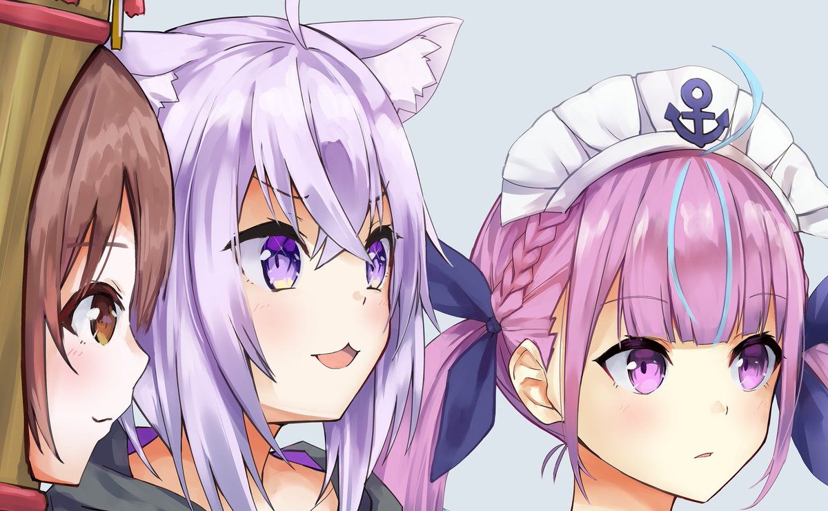 minato aqua ,nekomata okayu multiple girls animal ears purple hair 3girls cat ears purple eyes ahoge  illustration images