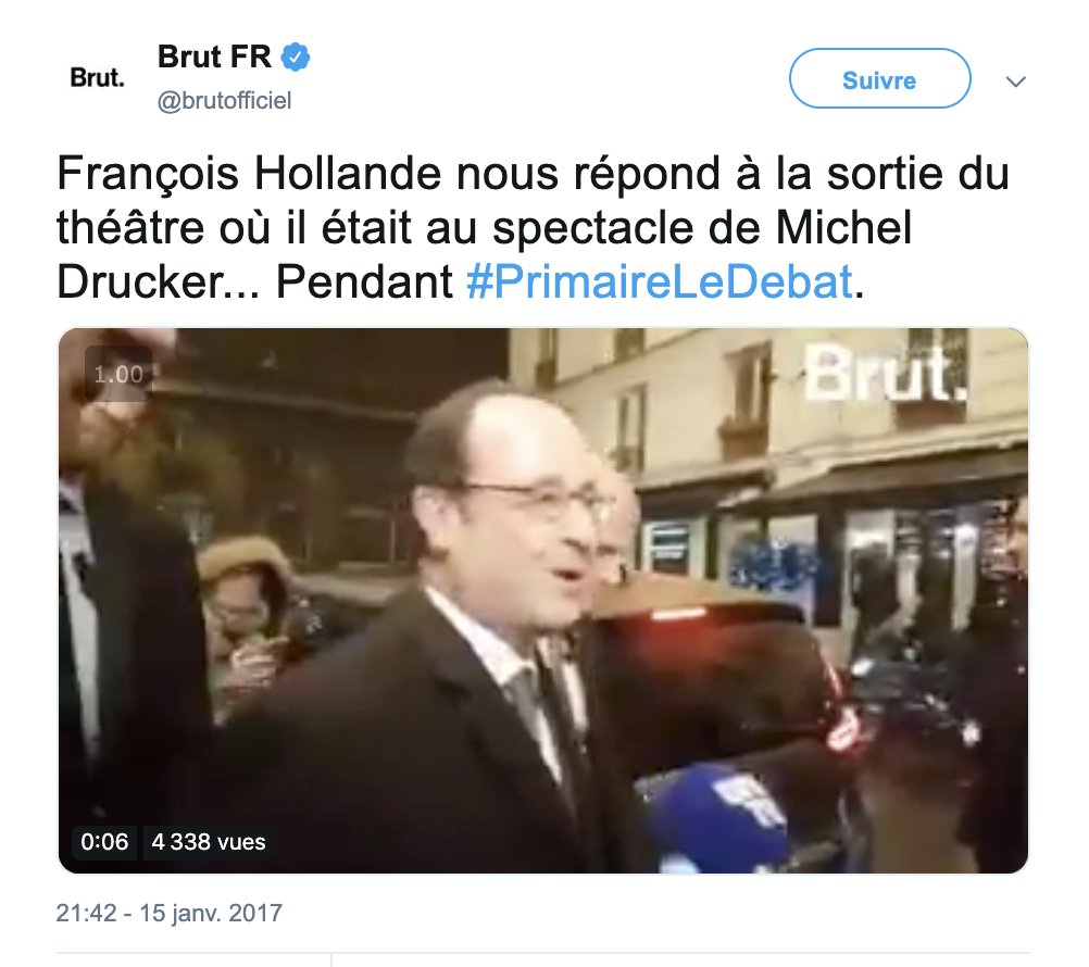 Jacques_Pezet's tweet photo. Le 15 janvier 2017, à 18h10, un quidam aperçoit François Hollande au théâtre plutôt que devant la primaire de la gauche. Alors que la pièce n'est pas terminée, des médias signalent sa présence et publient des articles. À la sortie du théâtre, BFM TV et Brut font même des directs. https://t.co/slPkCRzZCr