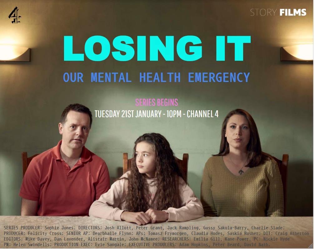 New series about mental health starts next week. We filmed with some brilliant and brave people who let us in at a very difficult time. Losing It: Our Mental Health Emergency starts on Tuesday 21st January at 10pm on <a href="/Channel4/">Channel 4</a> #LosingIt
