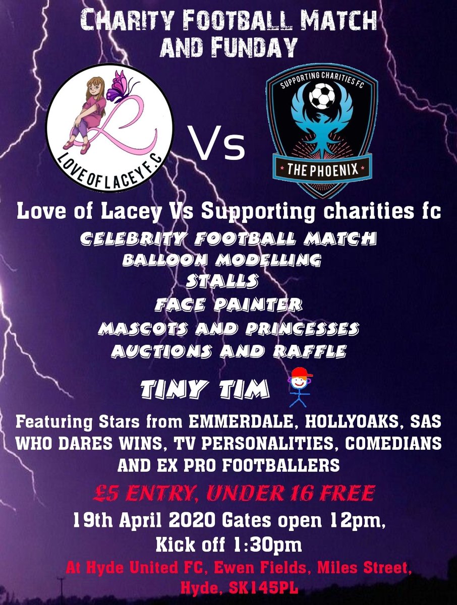 LOflacey's tweet photo. * Exciting News*
Date for your Diary. Have a great day out while supporting a local charity. 
19th April 2020
Love of Lacey
Vs
Supporting Charities FC
Featuring stars from Emmerdale, Hollyoaks, SAS who dares wins, TV Personalities, Comedians and Ex Pro footballers. Plus Tiny Tim https://t.co/zxJ15ZhZhw