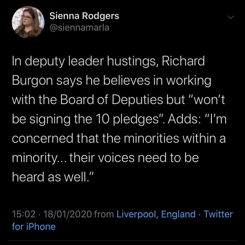 DavidB45212563's tweet photo. Richard Burgon won’t be signing the 10 pledges from the Board Of Deputies because he believes the racists and utter cranks of JVL should be listened to. 
That’s what’s being said here. 
And Diane Abbott just tweeted how impressive Richard was on antisemitism. 
Mess. https://t.co/WyvCI8mIJV