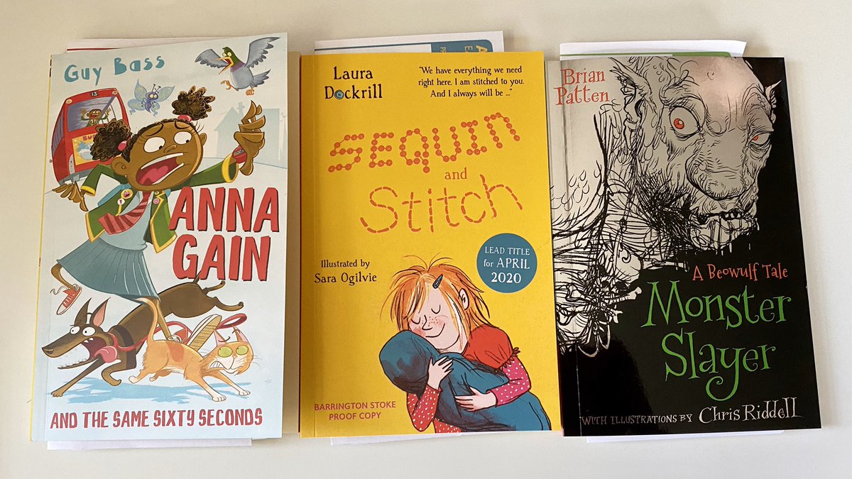 A wonderful parcel from @BarringtonStoke 💜 thank you! 

A twist of fate with #AnnaGain @GuyBassBooks @stevemaythe1st 

#SequinAndStitch from @LauraDockrill & Sara Ogilvie 

& a retelling of Beowulf #MonsterSlayer from Brian Patten & @chrisriddell50 which Littlefae is devouring!