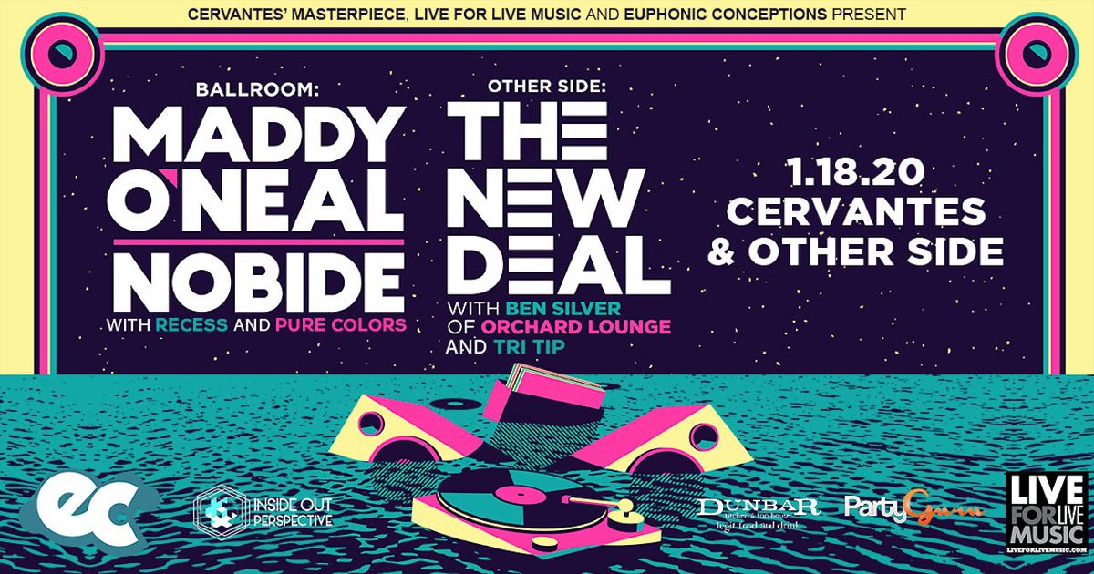 CervantesDenver's tweet image. TONIGHT!
@L4LM &amp;amp; @ECpresents Present @Maddy_ONeal &amp;amp; @nobide_ with @recessfunk and @purecolorsmusic at @CervantesDenver AND @thenewdealband with #BenSilver of @orchardlounge and #TriTip at #CervantesOtherSide. See you there!
Supported by @InsideOutPres, @PartyGuruUS &amp;amp; @DunbarKandT