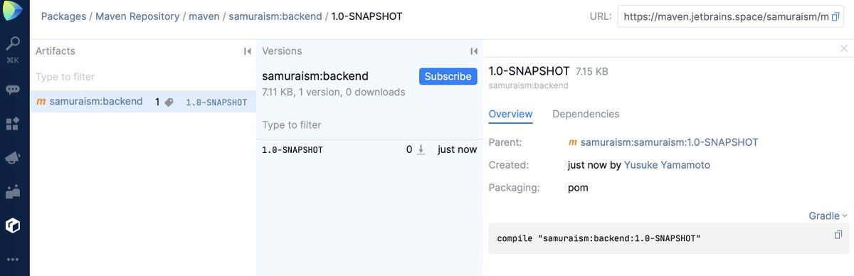 ユースケ 山本裕介 Jetbrains Space ググラビリティ低いので名前なんとかなりませんかね のpackagesに社内システムのmavenアーティファクトアップロード出来た ちょっとドキュメント間違ってる気がするのでフィードバックしよ