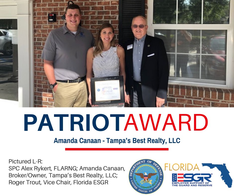 FL_ESGR's tweet image. #PatrioticEmployer Amanda Canaan of Tampa’s Best Realty, LLC received the @DeptofDefense Patriot Award for her exceptional support of the members of the #GuardReserves employed by the organization. Award requested by SPC Alex Rykert, FLARNG #ESGR @ESGR