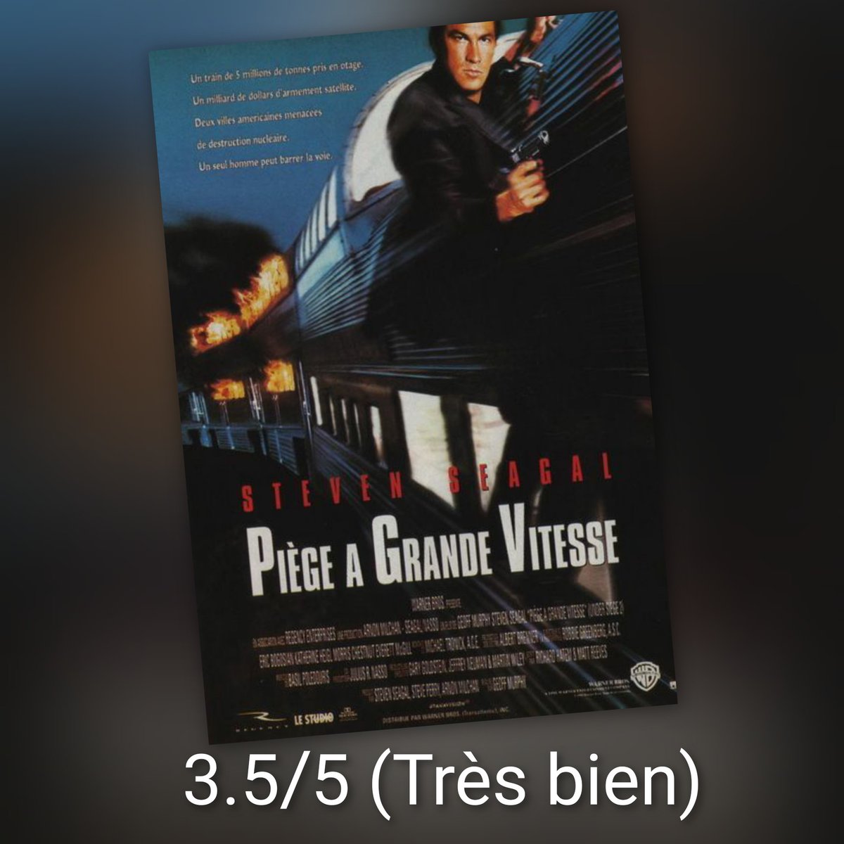 #PiègeAGrandeVitesse #UnderSiege2 #DarkTerritory (1995)

Suite de 'Piège en haute mer', le scénario est tellement fin qu'il n'est pas important de voir le premier film avant. Le final est ridicule, l'ensemble facile et caricatural mais ca reste fun. Du Seagal de sa bonne époque.