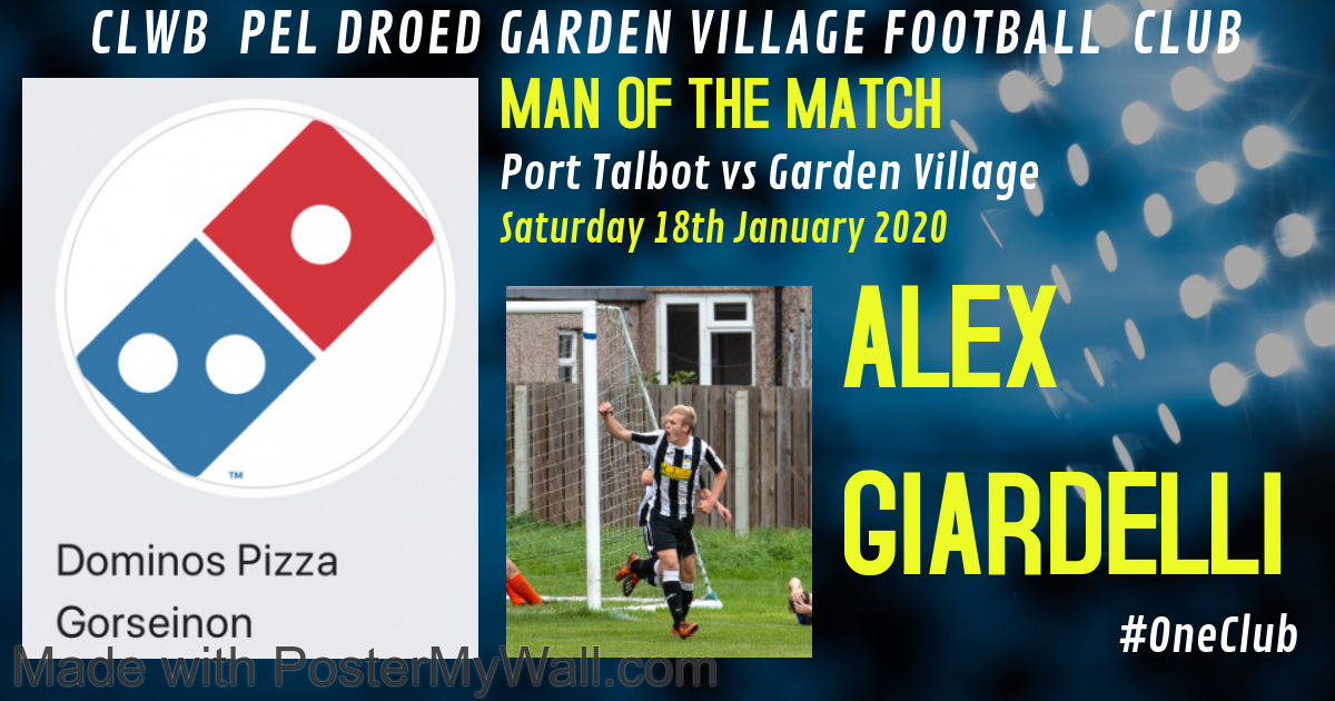 GardenVillage12's tweet photo. 🍾 MAN OF THE MATCH🍾

The @Dominos_UK Gorseinon sponsored man of the match v @PortTalbotTown goes to @AlexGiardelli

Alex scored 2 goals and was unplayable in a stunning 1st half display which helped him pick up 10 votes. Well done Alex #FreePizza #OneClub #4OnTheBounce https://t.co/B0HXxSWSFO
