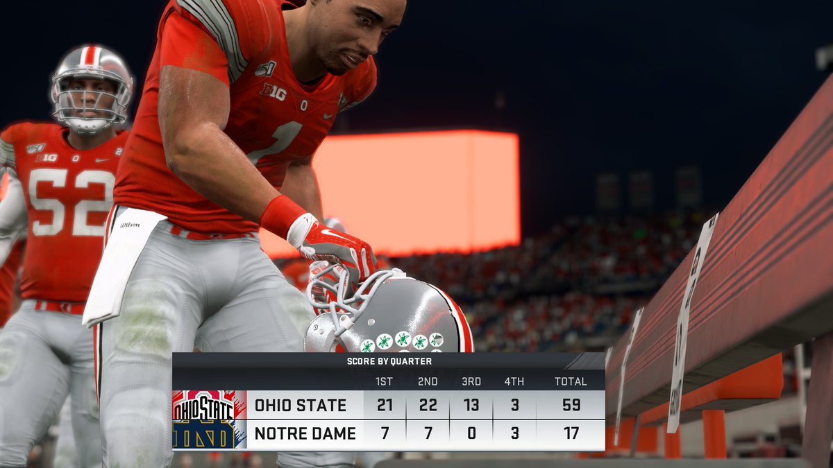 tywizzler's tweet image. No. 2 Ohio State make a case for the top spot, decimating No. 15 Notre Dame 59-17 at the Horseshoe. It was only the 7th meeting between the two schools (5-2 OSU). Dobbins rushed for 187/1 TD while Fields threw for 251/5 TD. Okudah added 2 INT to his season tally and gave up 0 TD.