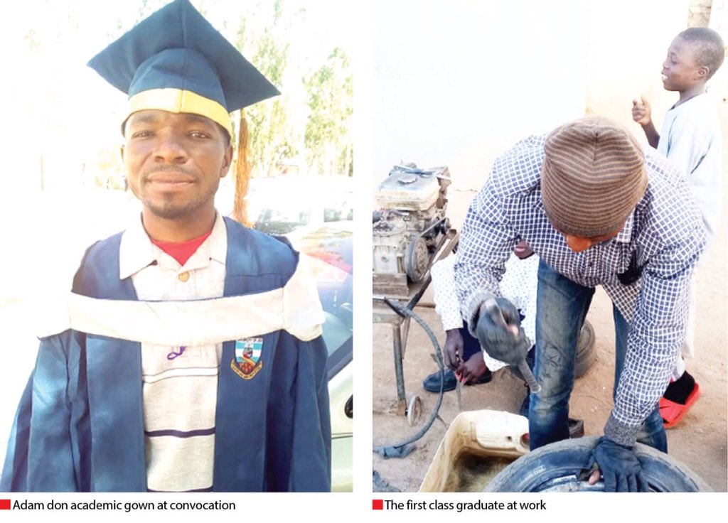 OvieAli's tweet image. A vulcaniser in Plateau state who sponsored his secondary education and got admitted the University of Jos after that ,has graduated with a First Class in statistics at age 30. Isah Adam Husseini is an inspiration to us all never to quit on education.