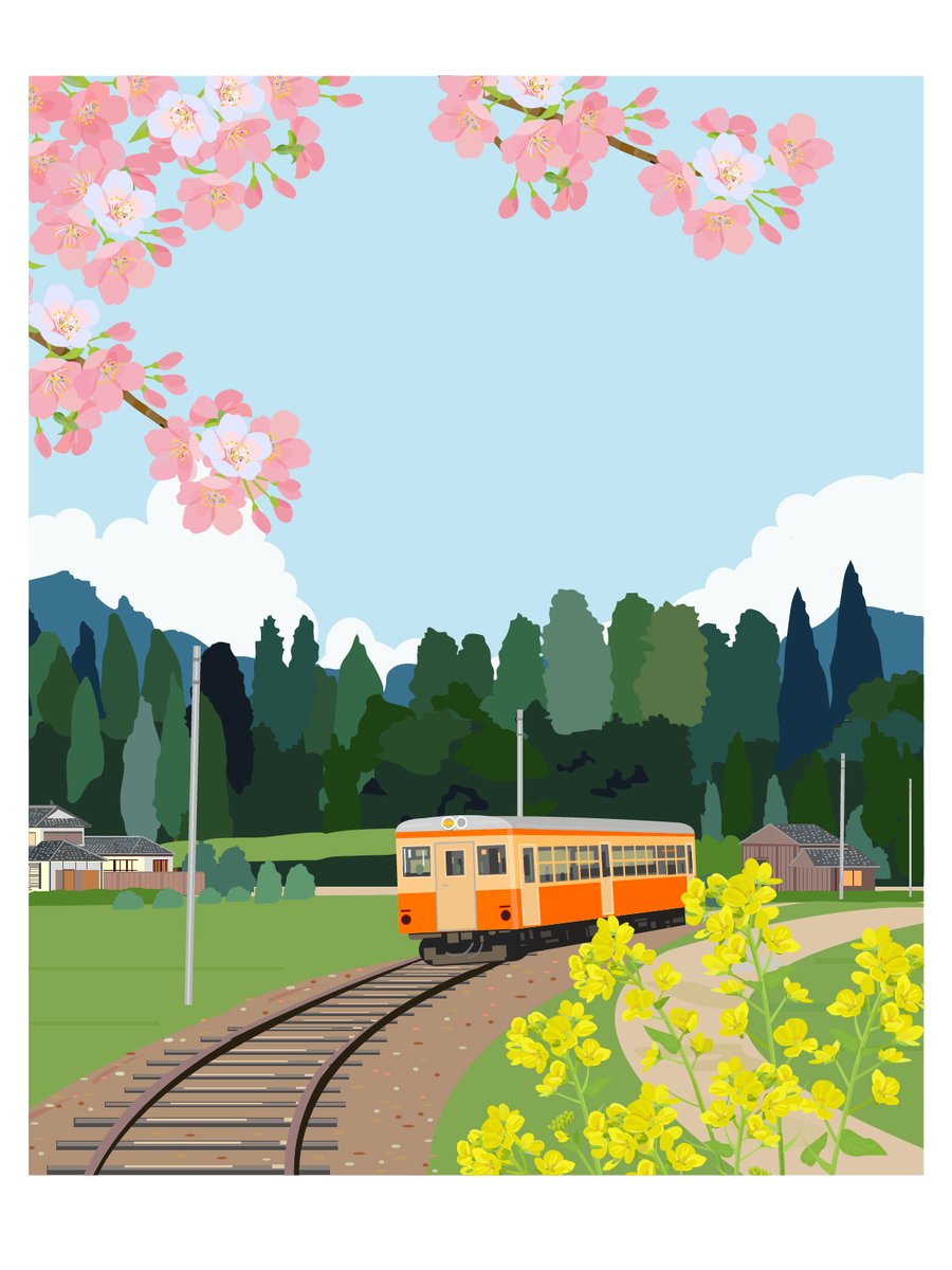 Umi ストックイラスト 春の風景のイラストを描きました 田舎を走るローカル線と桜と菜の花です