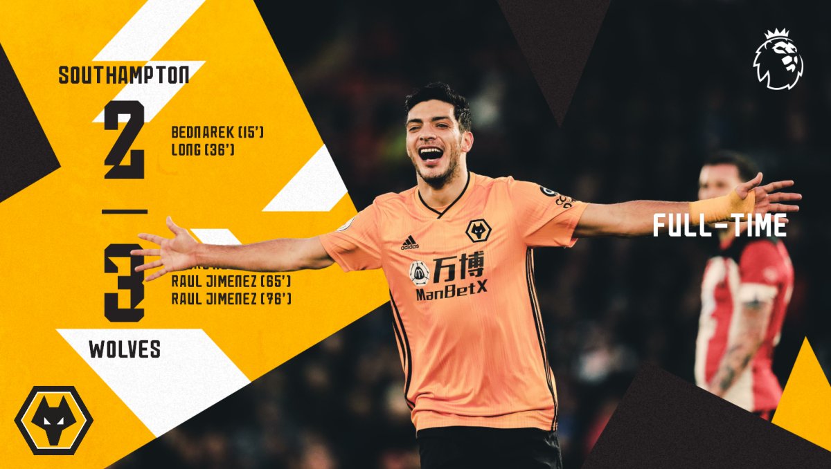 Wolves's tweet photo. FT | #SOU 2-3 #WOL

The full time whistle blows and Wolves complete a dramatic turnaround to take all three points from St Mary's! #SOUWOL

⏱🐺 https://t.co/xMRjJ5MQRP
