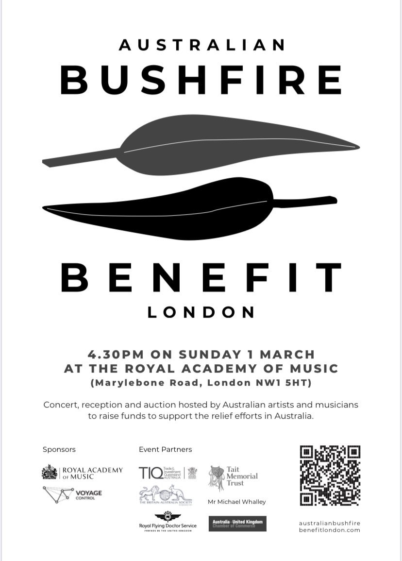 Tickets are now on sale for the #BushfireBenefitLDN, taking place on March 1 at <a href="/RoyalAcadMusic/">Royal Academy of Music</a> and featuring an all Aussie lineup incl. @JessicaCottis <a href="/tobycthatcher/">Toby Thatcher</a> <a href="/AmyDickson/">Amy Dickson</a> <a href="/HelenaDix/">Helena Dix FRAM</a> <a href="/HillQuartet/">Hill Quartet</a> <a href="/SamuelSakker/">10er</a> <a href="/bycarbytrain/">Catherine Carby</a> + Simone Young. 
Details:
australianbushfirebenefitlondon.com
