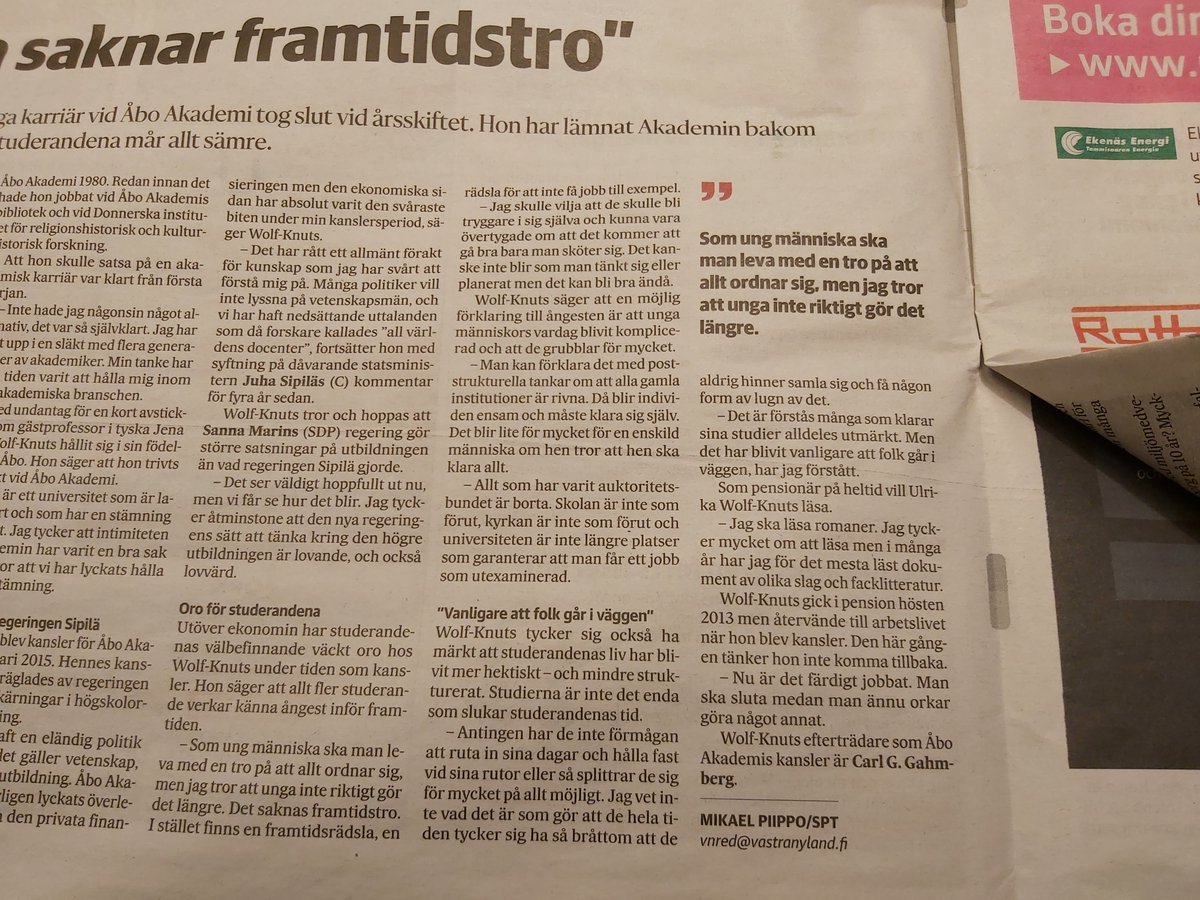 En fin intervju med Åbo Akademins före detta kanslern Ulrika Wolf-Knuts i fredagens Västra Nyland! Hon hade intressanta tankar om unga människor och institutionen. Kunde vara av intresse också för dig <a href="/karinajutila/">Karina Jutila</a> !