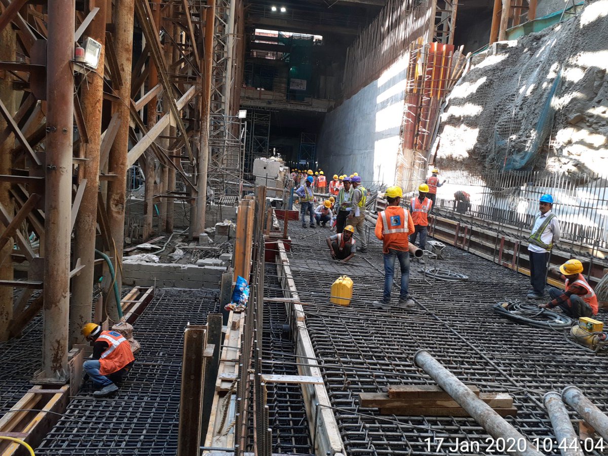 AshwiniBhide's tweet photo. 💯 % completion of #BaseSlab achieved at #CuffeParade stn. Other 2 stns in #Packg1, #VidhannBhavan &amp; #Chutchgate stns also achieved 100% base slab completion. #HutatmaChowk stn is likely to achieve 100% base slab  by this month end. For overall @MumbaiMetro3, 60% base slab done. https://t.co/lBqUQ7fceB