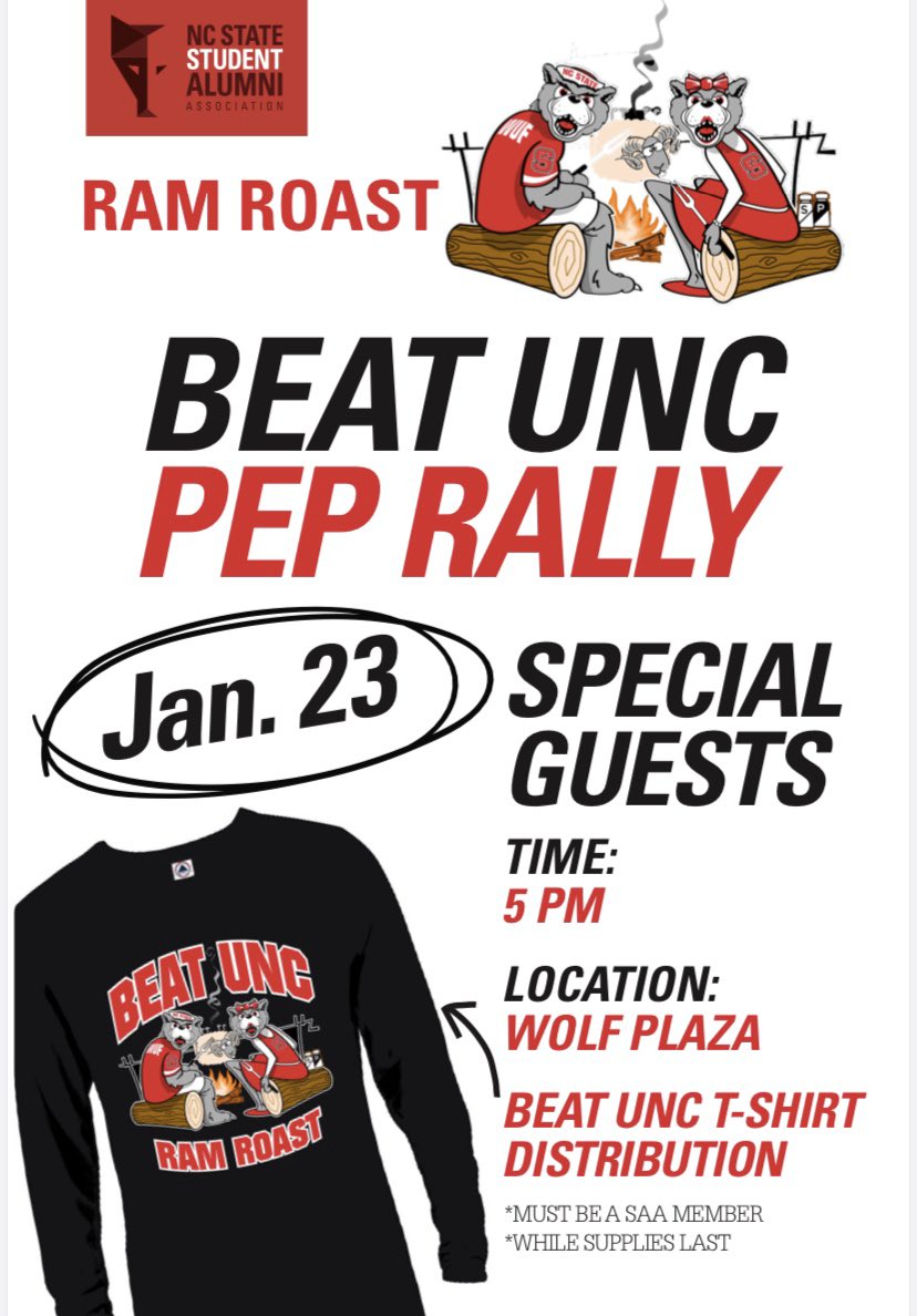 NCStateSAA's tweet photo. Did someone say Ram Roast? Weโre in! See you Thursday for our first distribution AND our first chance to #BEATUNC in 2020. Come ready to cheer on the Wolfpack! ๐บ #NCStateSAA https://t.co/si74rePyyS
