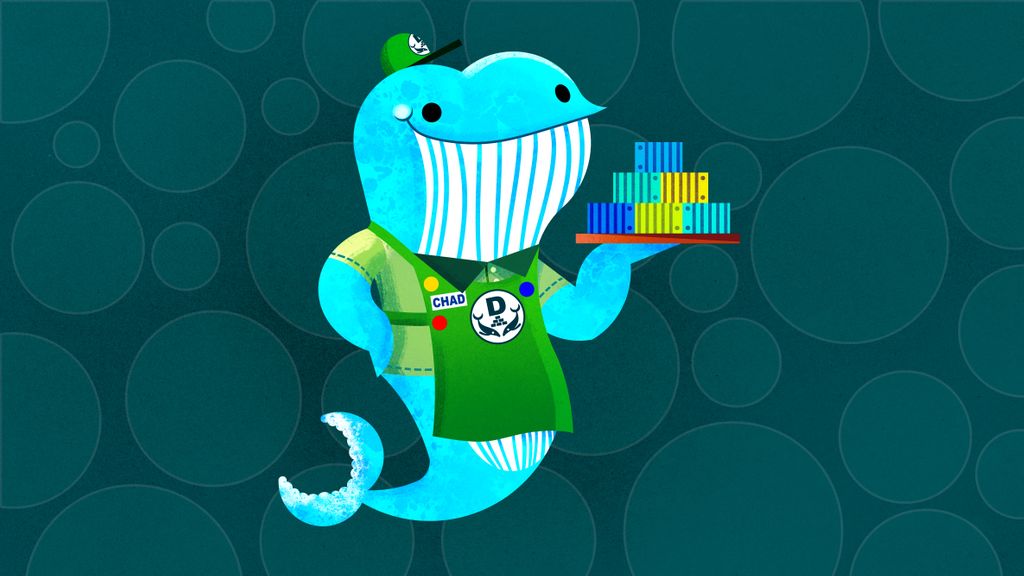 A whale dressed as a chain-coffee cafe barista serving little shipping containers 