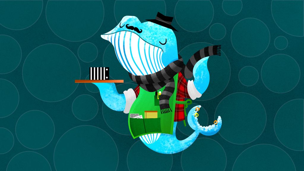 A mustachioed, hipster whale in a barista outfit serving little, artisanal shipping containers
