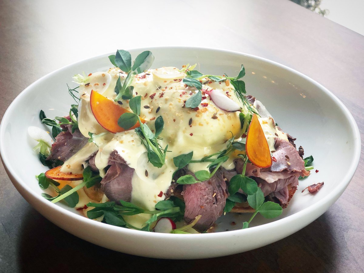 ROAST BEEF BENNY!!! 🥩 🍳 🔥 @nicksonwest today!!!!! 
@blackbirdfarmri roast beef, @baffonispoultryfarm eggs, @allenfarmsorganics pea greens, copious amounts of hollandaise, steak spice on a house baked English muffin #brunch #pvdeats @goprovidence #putaneggonit