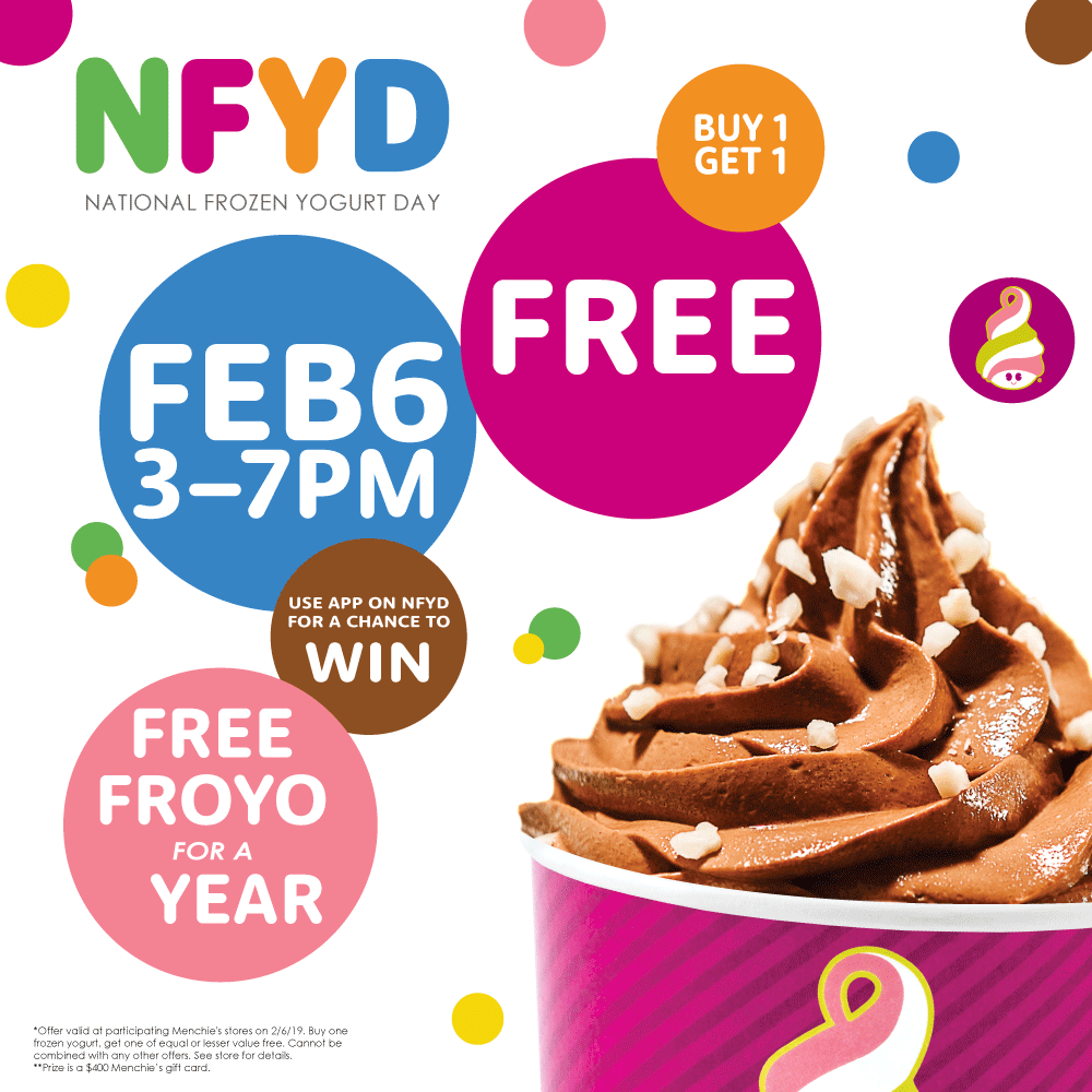 MyMenchies's tweet photo. Celebrate #NationalFrozenYogurtDay by joining us on February 6 from 3pm – 7pm for Buy One, Get One Free frozen yogurt! One lucky guest who uses their app at the event will win #freefroyo for a year!

Full rules here: https://t.co/j7HDZK0O4Q https://t.co/Dldqp8foue