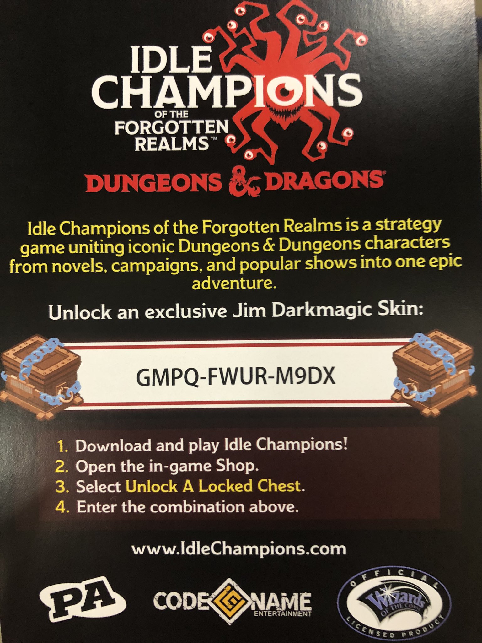 Idle Champions on Twitter: "Here is a code for #pax exclusive Jim skin. First person redeem it, gets it! More codes are at @ @CNEGames booth at #PAXSouth all