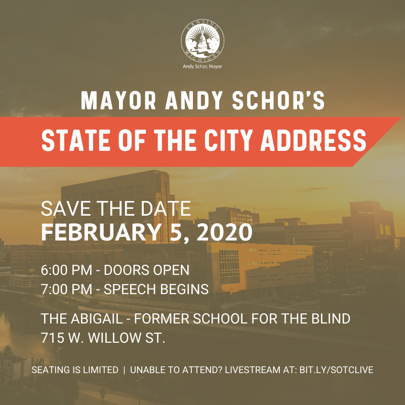 lansingmichigan's tweet photo. Save the date for Mayor @andyschor's State of the City Address on February 5, 2020! The speech will be held at The Abigail (Former School for the Blind Campus) at 715 W. Willow St. Doors open at 6PM. Speech beings at 7PM. #SOTC2020 #LansingForward https://t.co/6jl3bV2xSv https://t.co/HI1r4UFytD