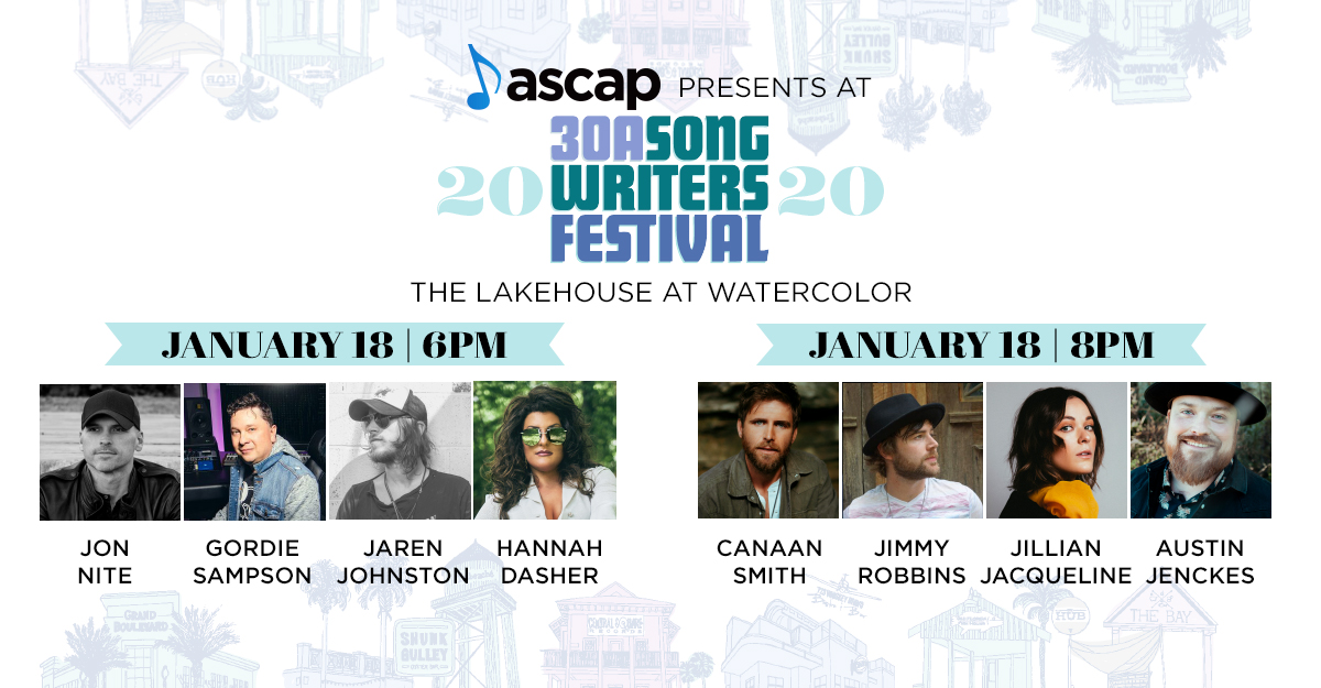 ASCAP's tweet photo. Night 2 of #ASCAPCountry at @30AFest!

6PM show features Jon Nite @Gordie_Sampson @thejaren of @thecadillac3 @HannahDasher 

8PM show features @canaansmith @JammyRabbins @jillianjmusic @AustinJenckes 

More info: https://t.co/2FYU3Hw7HU https://t.co/P2Nytk9vRS