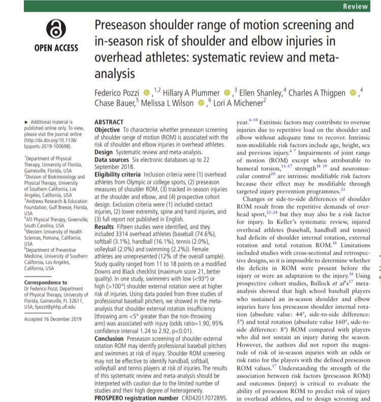 Robptatcscs's tweet photo. Great study from @chuckthigpen @EShan327 and @LoriMichener looking at preseason shoulder ROM screening and risk of shoulder or elbow injury. Nice work all! Go #ASSET https://t.co/Ydtj7qDpOF