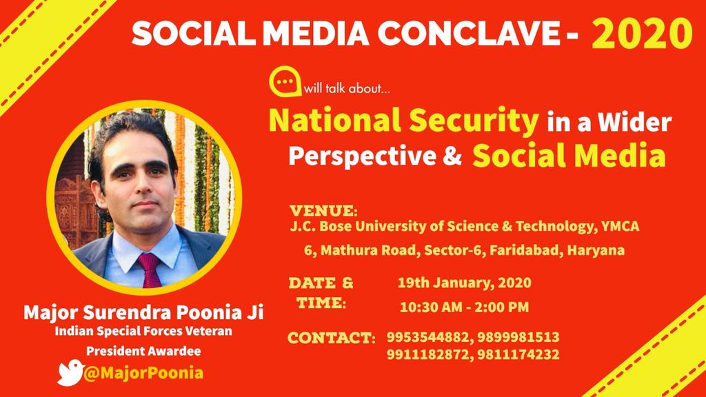 SMIntegrator's tweet photo. Catch @MajorPoonia ji in Faridabad on 19th (tomorrow) January talking on National Security in wider perspective and Social Media. 

Details on image ..... 

#SocialMediaConclave2020 https://t.co/trAiE4OtbS
