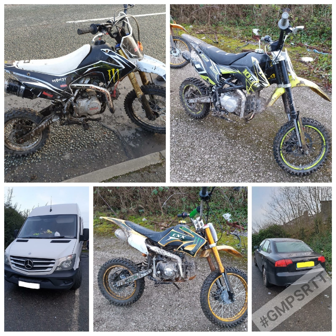 gmptraffic's tweet photo. A few from today, stopped by #GMPSRTT in @GMPLeigh & @GMPIrlam. Riding on common land is illegal as well as causing disruption and nuisance. All vehicles & drivers/riders issued s.59 warnings and reported.ย #RideLegal #S59 https://t.co/k3ZLGJmCH5
