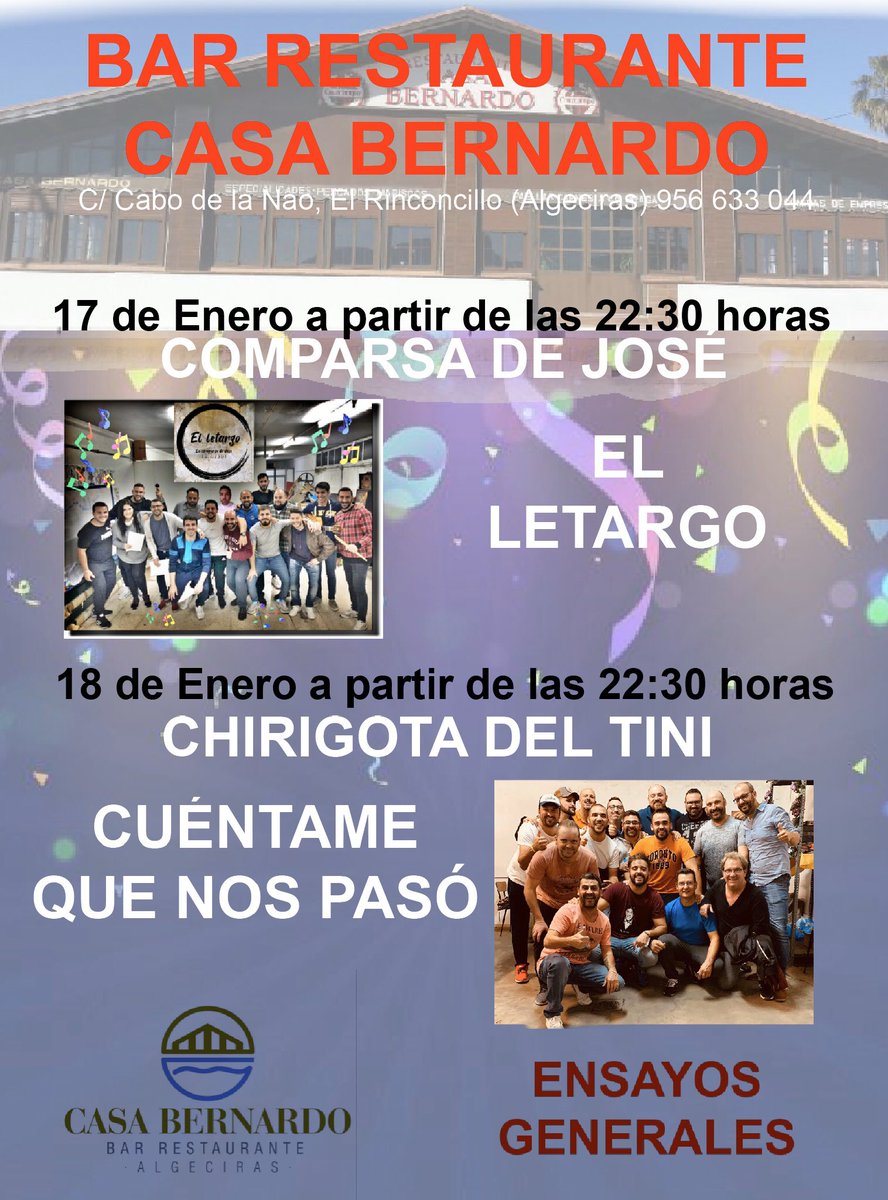 ResCasaBernardo's tweet photo. Hoy terminamos en @ResCasaBernardo los ensayos generales de las agrupaciones algecireñas que van a Cádiz con la @CHIRIGOTADETINI Cuéntame que nos pasó desde las 22:30 horas. La entrada es gratuita hasta completar aforo, reservas en el 956 633 044 y en el 956 669 355 https://t.co/x24yogj6XY
