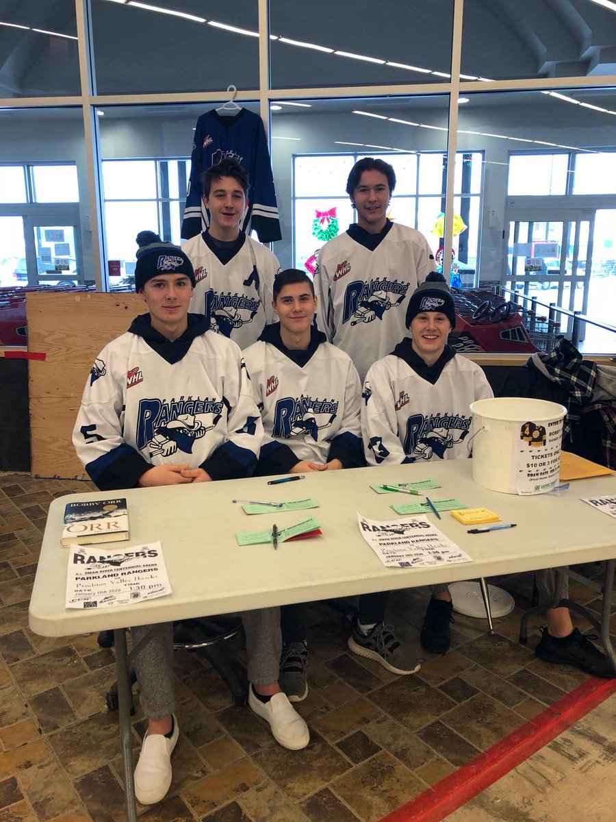 Rangers' Jubenvill, Delaurier, Bodnarski, Munro, and Arp staking out at the Swan River Co-op today ahead of tomorrow's 1:30 game vs. PV Hawks at the Swan River Centennial Arena.