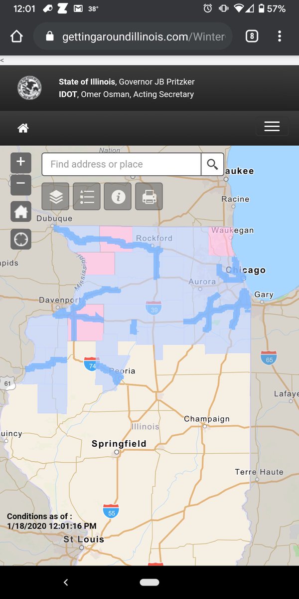 IDOT_Illinois's tweet photo. Road conditions as of noon via https://t.co/nTSJWJkaXv. Gusty winds will continue, which could make for hazardous conditions with snow blowing around. Temperatures also will begin plummeting soon, so bundle up. #ilwx #ILtraffic https://t.co/Fiau1y8TTA