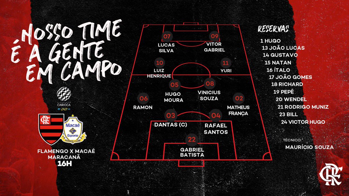 Nosso Time é a Gente em Campo! O Flamengo está escalado para enfrentar o Macaé pelo Campeonato Carioca! Vai pra cima deles, Mengo! 🔴⚫️ #MACxFLA #CRF