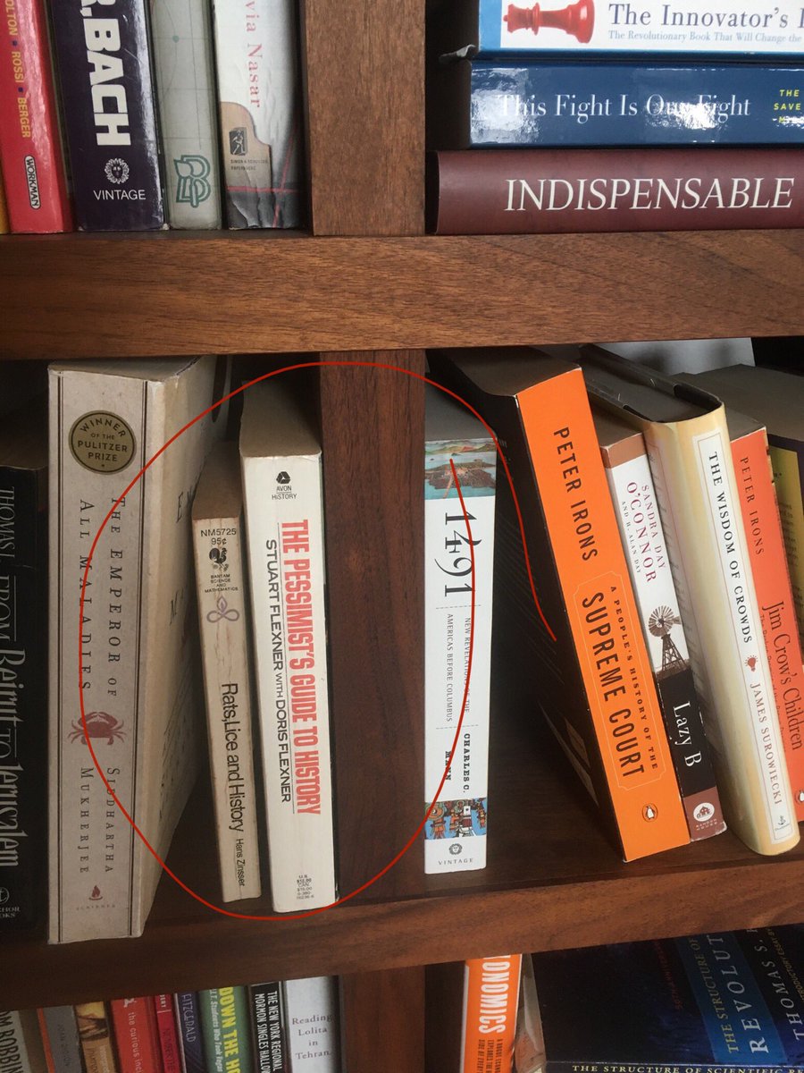 books, including The Pessimist’s Guide to History, and Rats, Lice, and History.  Nearby on the shelves: The Emperor of All Maladies, and 1491.