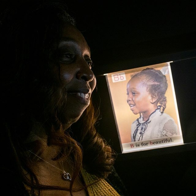 In 1970 Denise Carter was one of a group of children whose portraits were used to illustrate the "The Black ABC's" visual aid series used in Chicago classrooms. In this image Ms. Carter poses next to the "B is for beautiful" poster of that series, for which she served as the…