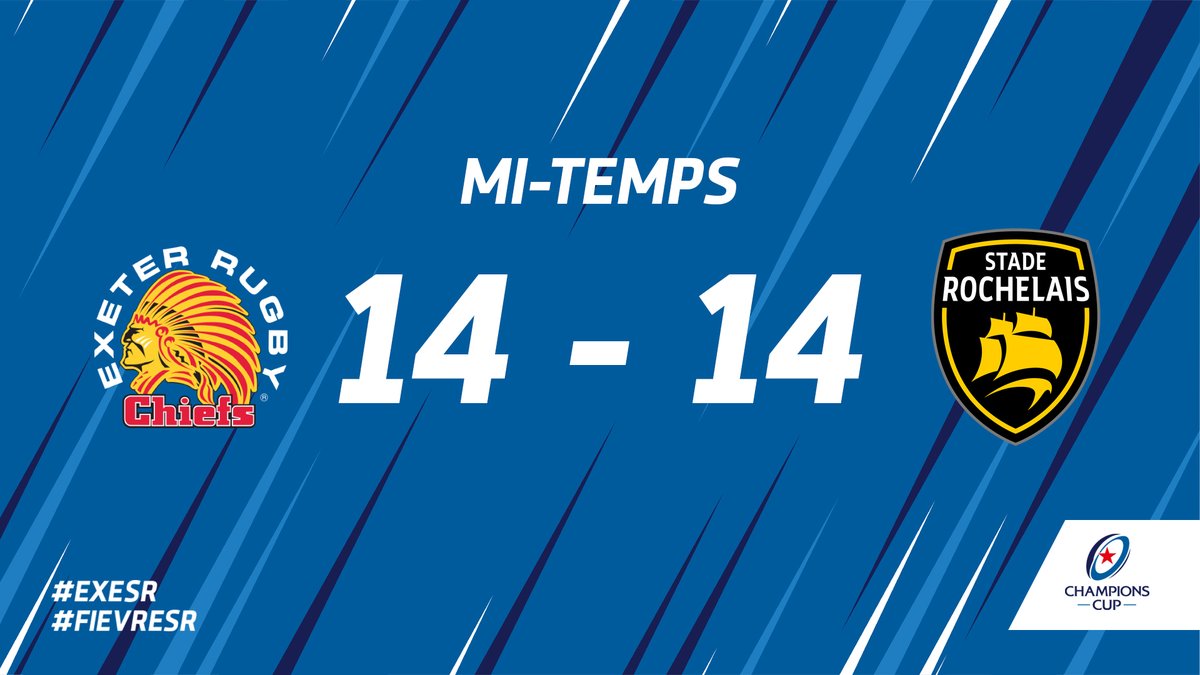 staderochelais's tweet photo. C'est la mi-temps à Sandy Park ! Les Rochelais sont au coude-à-coude avec les Chiefs grâce à un essai de pénalité et une réalisation de Murimurivalu ! 14-14 #EXESR #ChampionsCup #FievreSR https://t.co/96spF6pum3 https://t.co/xg8OM9qM3B