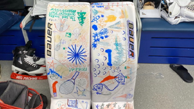 BarDown's tweet photo. Ilya Sorokin's KHL All Star pads were decorated by children at a pediatric hospital. 👏🥰 MORE @ https://t.co/mxDN8jKP0p https://t.co/wdtQcuFODw