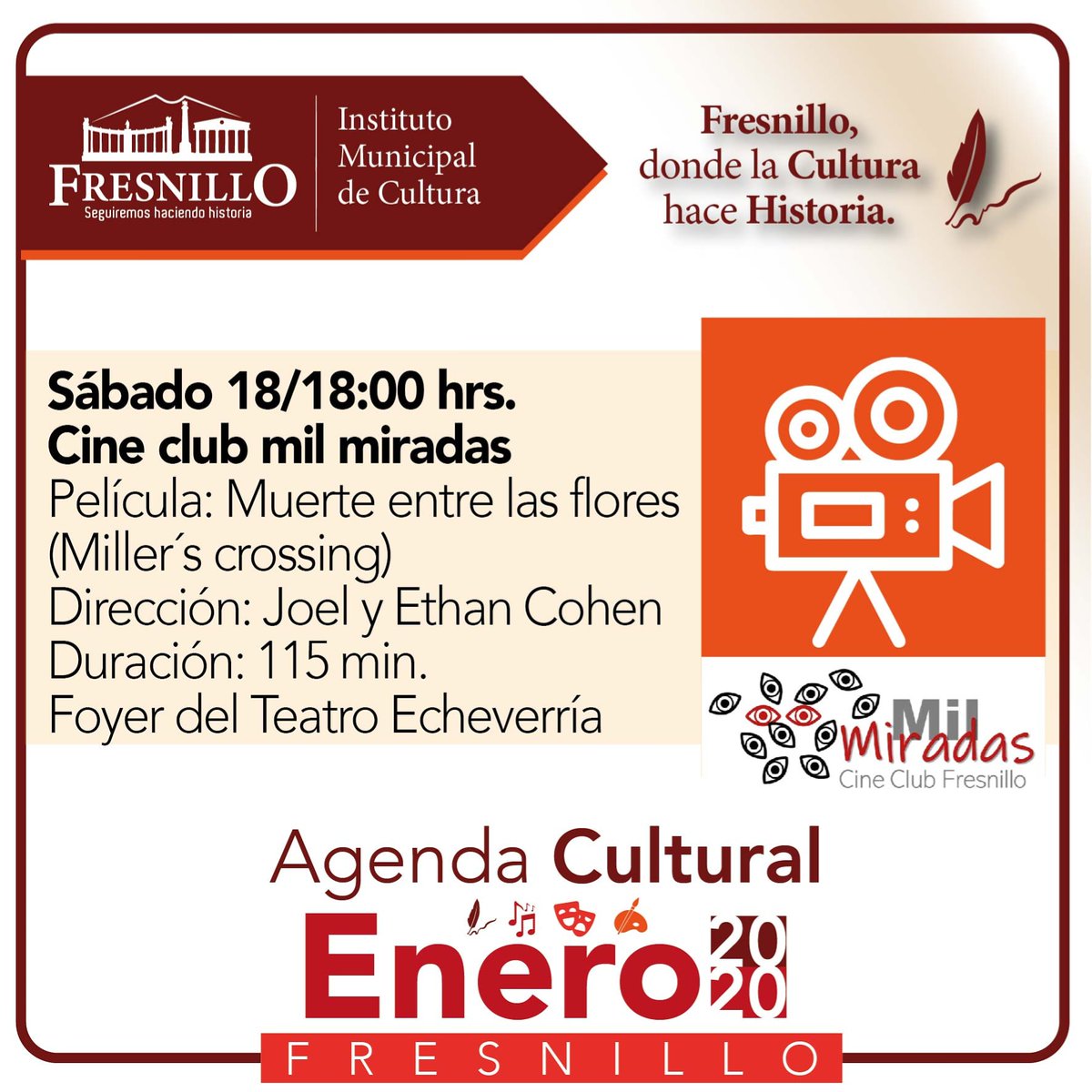 FresnilloMuni's tweet photo. Cine Club "Mil Miradas", sigue presente en #Fresnillo con la película 📽️ Muerte entre las Flores.
Los esperamos, hoy en el Foyer del Teatro Echeverría.
#Fresnillo
#DondeLaCulturaHaceHistoria https://t.co/WwHymK7pGa