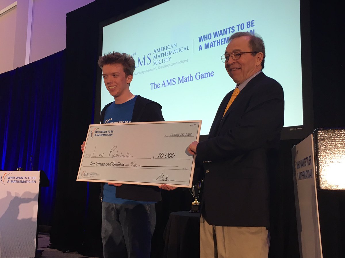 amermathsoc's tweet photo. Congratulations to Luke Robitaille, the winner of The Who Wants to be a Mathematician Championship at #JMM2020! This is Luke’s second consecutive year as champion. #mathematicon #JMM2020 #AMSmathgame https://t.co/EqeX327L4K
