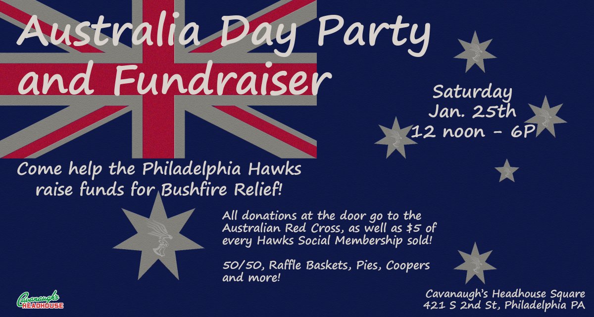 PhillyHawks's tweet photo. One week until our #AustraliaDay fundraiser for @RedCrossAU! It's family-friendly, so being your tykes along for an afternoon of festivities for a great cause. Stop out, have a Coopers and a chat, and help us raise funds to help Australia recover! https://t.co/ecAHsL4M1m