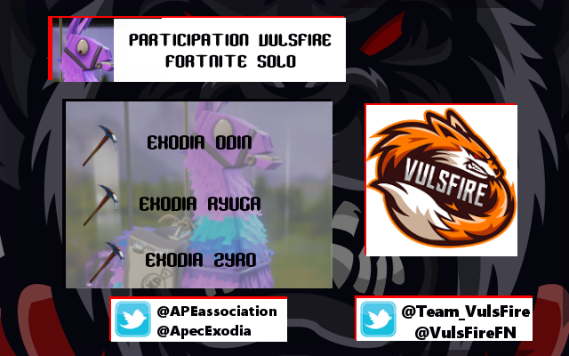APEassociation's tweet photo. 🏆Gl a nos 3 Joueurs #Fortnite pour leur participation demain a la Ligue de l'Association #eSports @Team_VulsFire 

🐒@RyugaGL 
🐒@ExodiaZyro 
🐒@Exodia_Odin 

🔥Organisé par leur roster @VulsFireFN 

💪GL a tous les participants !

📲RDV sur leur discord pour plus d'infos ! https://t.co/DDzvmXG63Y