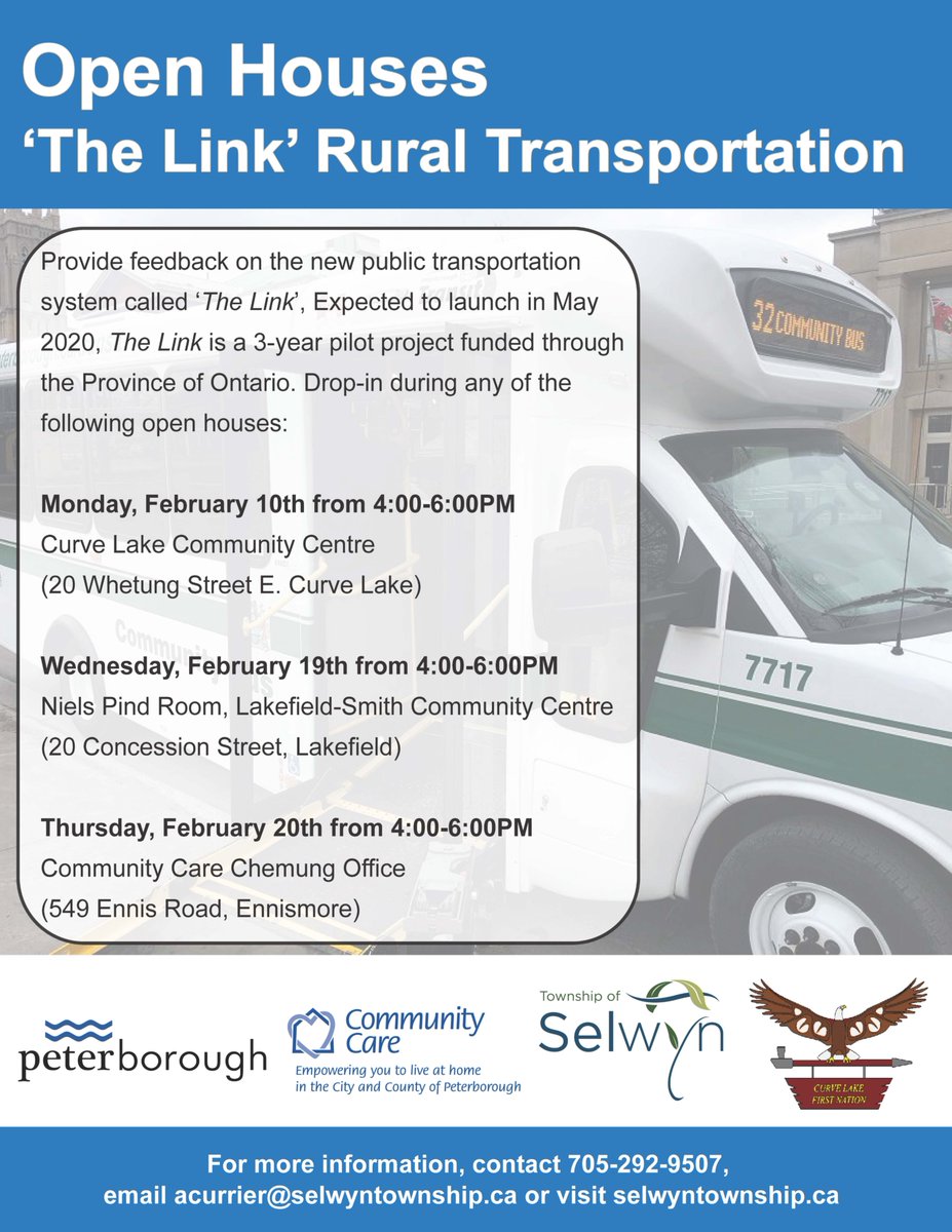 Drop-in anytime during the upcoming Open Houses to provide your feedback on the new public transportation system called The Link! <a href="/CurveLakeFN/">CurveLakeFirstNation</a> <a href="/CommCarePtbo/">Community Care Peterborough</a> <a href="/CityPtbo/">City of Peterborough</a> <a href="/TrentUniversity/">Trent University</a> <a href="/ptbo_transit/">PeterboroughTransit</a> <a href="/PtboEcDev/">Peterborough Economic Development</a> @KawarthaChamber