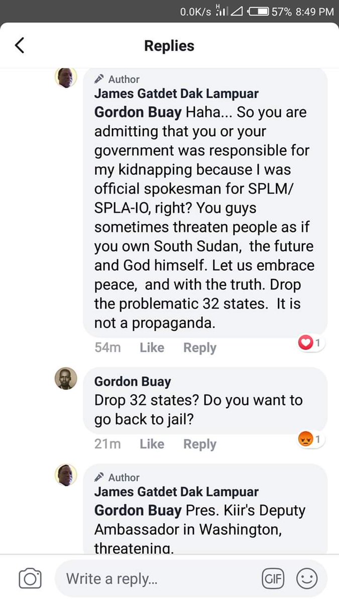 JamesOryema1's tweet image. Life of  James Gadet Dak once again is under threat by SSD Deputy Amb Gordon Buay -USA with KIDNAPPING/Imprisonment if he does not keep off social platform. @amnesty @StateDept @AsstSecStateAF @mcswaka92 @MacharZee @UNHumanRights @USMissionJuba @TaoOfGarang