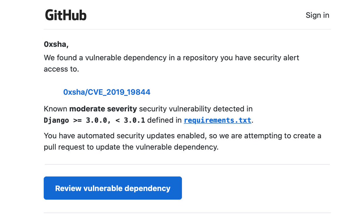0xsha's tweet photo. I intentionally pushed a vulnerable docker for demonstration purposes for my new blog file. i received this email from @githubsecurity. Good job, github. It can help a lot of companies to ship safer codes. #ASaferTomorrow https://t.co/qolsinA0Zc