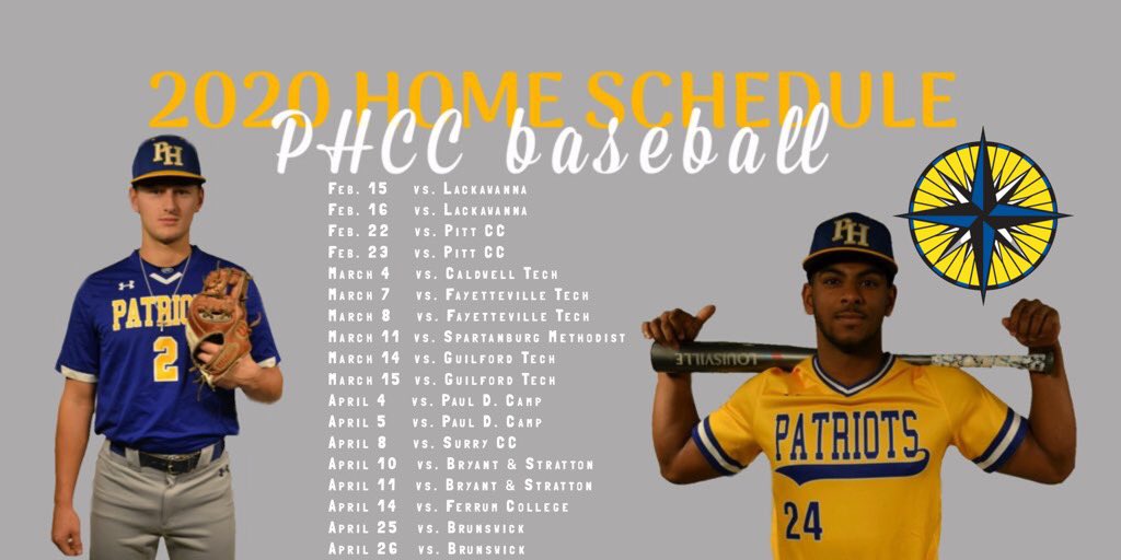 PHCC_Baseball's tweet photo. Our home schedule ! We are ready to get the season started and play in front of our home crowd!  13 days until opening day, but who’s counting ? #PatsAreBack https://t.co/0oCiiZYAlH