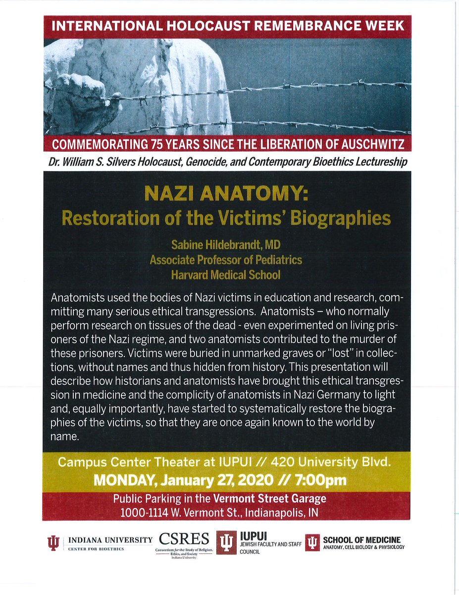 OrganJM's tweet image. So excited to host Dr. Sabine Hildebrandt this month for a series of lectures on the ethics of using Nazi anatomical illustrations in modern medical curricula. She is the keynote speaker for the @IUPUI Int'l Holocaust Remembrance Program &amp;amp; will also lecture to my #anatomy class.